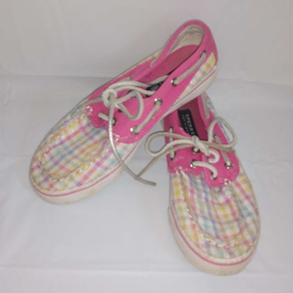 Sperry Bahama Pink Blue Plaid Sequined Boat Shoes